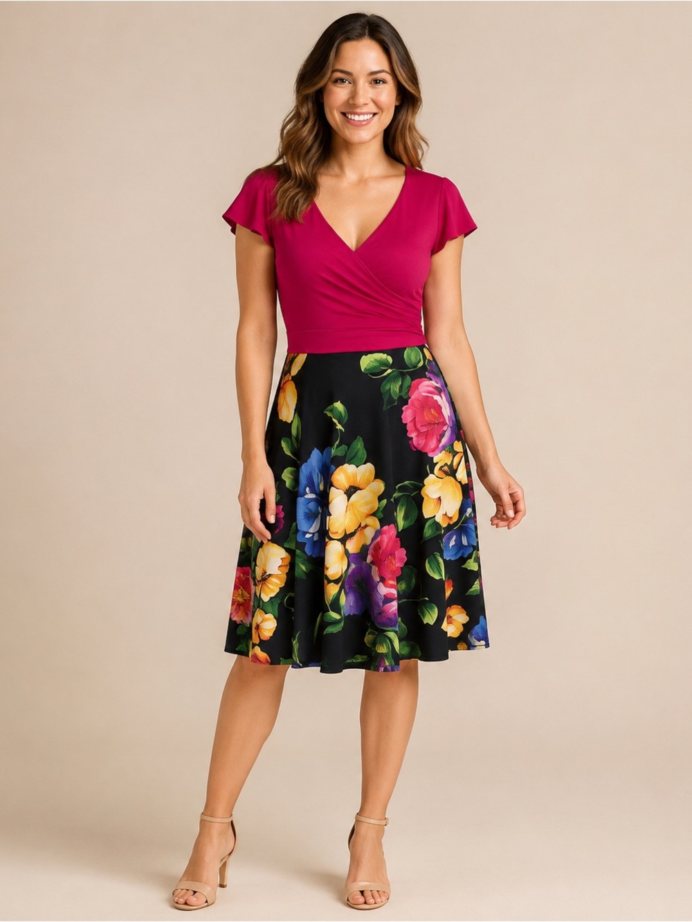 NWT Gilli Pink Floral Faux Wrap Fit & Flare Midi Dress Small